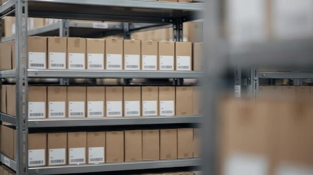 Medium shot of backofhouse compact shelving system showcasing organized boxes with barcodes the focused shelving unit contrasts with the outoffocus storage area behind.