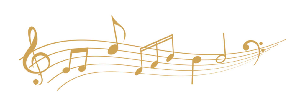 Musical notes and treble clef on staff, hand drawn sketch style vector illustration on transparent background