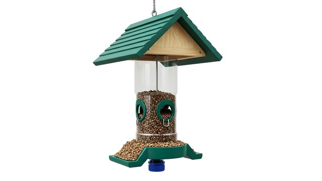 A hanging bird feeder filled with birdseed, designed to attract feathered friends to your garden for feeding