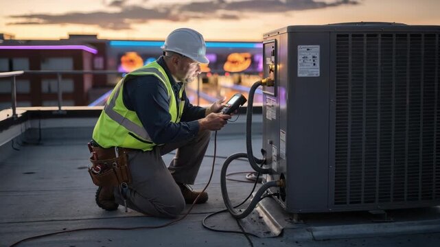Technician checking airflow settings on rooftop HVAC unit outside bowling center with blurred background showcasing lanes and colorful ambient lighting.