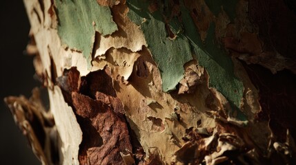 Close-up of tree bark showing layered textures, natural colors, and rough surface detail