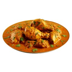 Traditional Indian Chicken Curry Served on a Round Plate with Aromatic Spices Displayed on a White Background