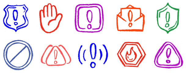 Warning Signs Icons Crayon Chalk Drawing Doodle Vector Set © Grunge Designs