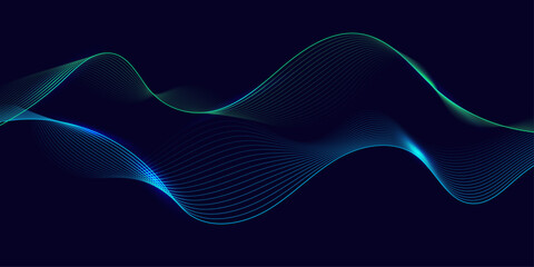 Glowing blue and green wave line art on a dark technology background with copy space.