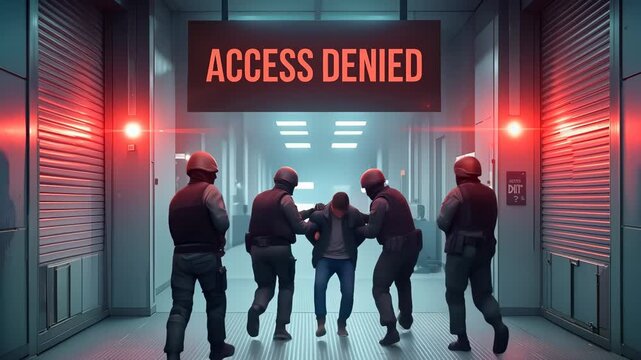 Security officers escorting young man under access denied sign in futuristic facility. Lockdown shot of armed guards holding suspect in high-tech corridor.