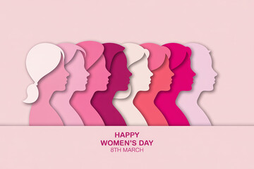 A vibrant row of diverse womens profiles in various shades of pink and purple celebrating Womens Day