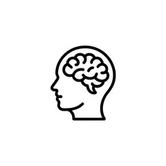 Head human profile icon with brain outline inside, minimal black line vector symbol for psychology, neuroscience, mental health, learning, thinking concept
