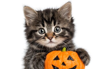 Adorable Kitten Holding Halloween Pumpkin Toy.