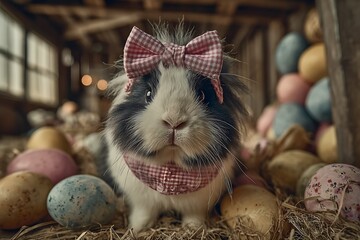 Adorable Rabbit with Bow and Easter Eggs.