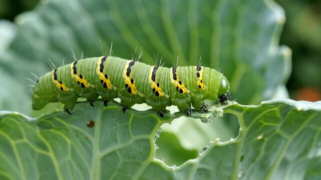Green caterpillar eating cabbage leaf in garden with blurred background