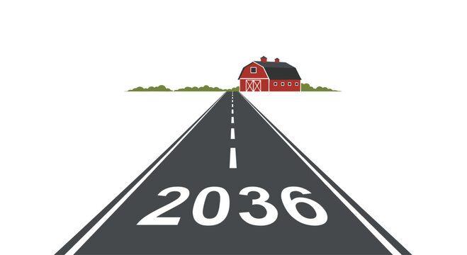 Long perspective road with '2036' marked on its surface, leading towards a rustic red barn on the horizon, symbolizing