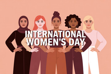 Diverse group of five empowered women standing together celebrating International Womens Day event
