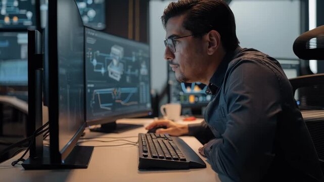 Medium shot of a single operator analyzing AIgenerated ginning process optimization on large monitors capturing focused hands with background screens slightly out of focus.
