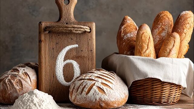 Freshly baked sourdough bread with scoring patterns and flour dusting