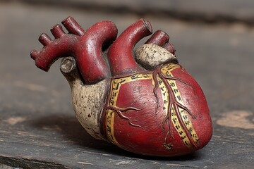 Anatomical Heart Model on Wooden Surface.
