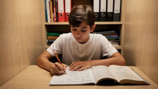 Closeup medium shot of a student solving math problems in a cubby with background shelves and study materials softly out of focus to enhance focus.