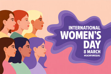 Diverse womens profiles with International Womens Day text and an inspiring hashtag