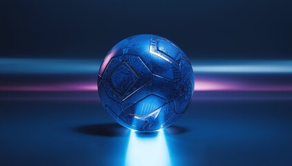 3D Illustration. Blue futuristic futsal soccer ball on glowing white line concept background