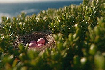 Birds Nest with Eggs in Bush.