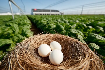 Birds Nest with Eggs in Strawberry Field.