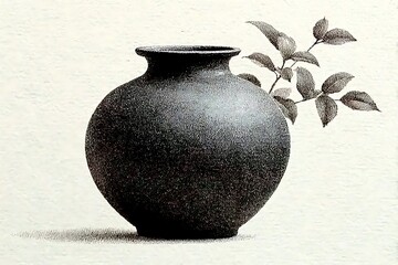 Black Vase with Leaves on White Background.