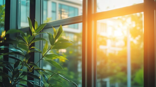 Sunlit green houseplant by a large window with warm morning light