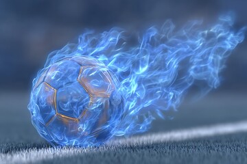 Blue Soccer Ball on Fire with Smoke.