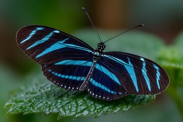 Blue Striped Butterfly on Green Leaf Closeup.