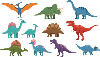 Diverse collection of colorful dinosaur vector illustrations including Tyrannosaurus Rex Triceratops Stegosaurus and Brachiosaurus for prehistoric education and children design © Shahanaj