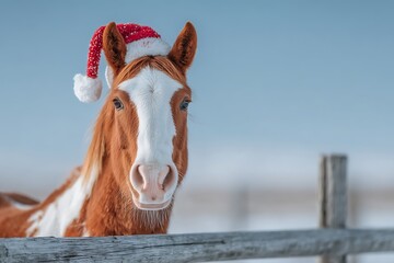 Brown Horse Wearing Santa Hat Behind Fence.