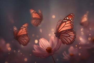 Butterflies Flying Around Beautiful Flowers.