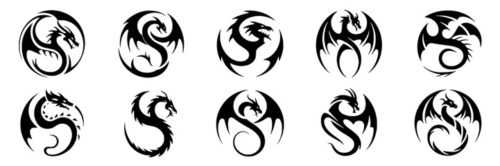 Obraz premium Dragon tribal logo set with black circular emblem silhouettes, fantasy myth creature icons for tattoo design, esports branding, game UI, sticker, and vector decoration