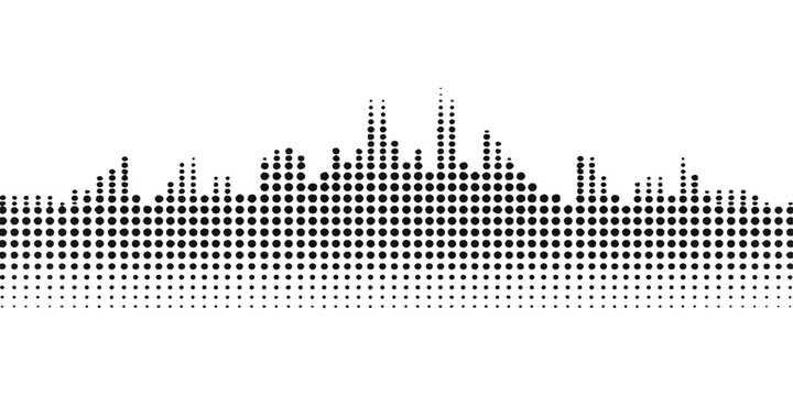 Abstract music background with a vector illustration of a city skyline silhouette featuring urban skyscraper buildings and downtown architecture