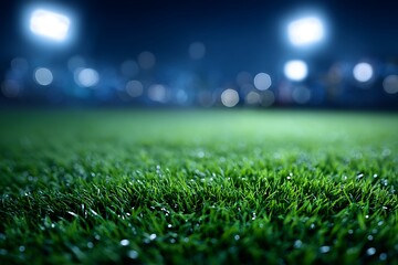 Closeup of green grass on sports field at night.