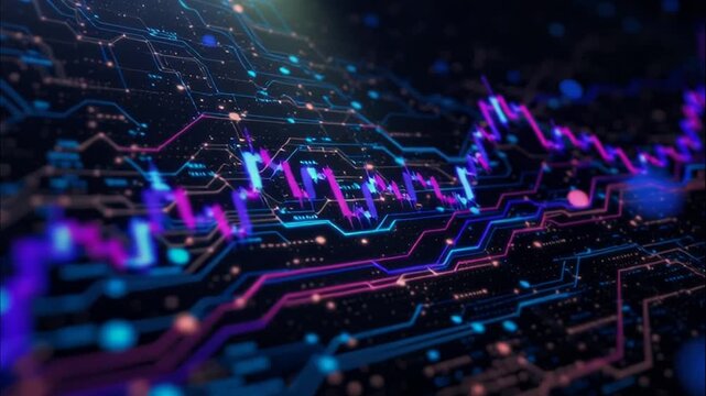 Futuristic electronic circuit board with neon light paths and data particles