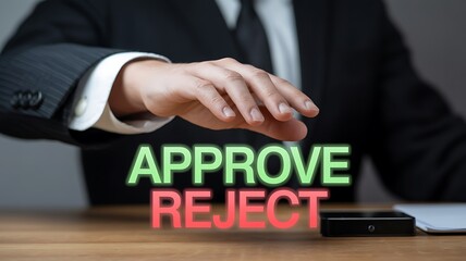 Obraz premium Businessman's hand hovering over Approve and Reject text with glowing neon effect