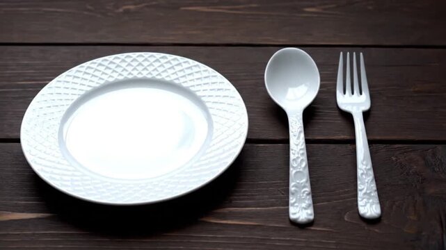 Hand holding spoon next to empty white plate on dark wooden table