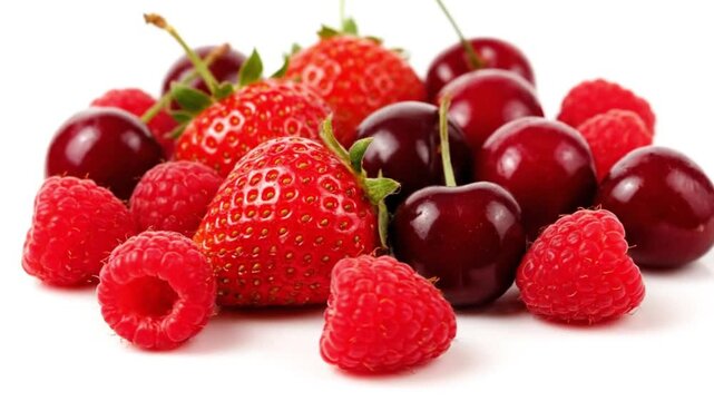 Assorted fresh berries and cherries on white background