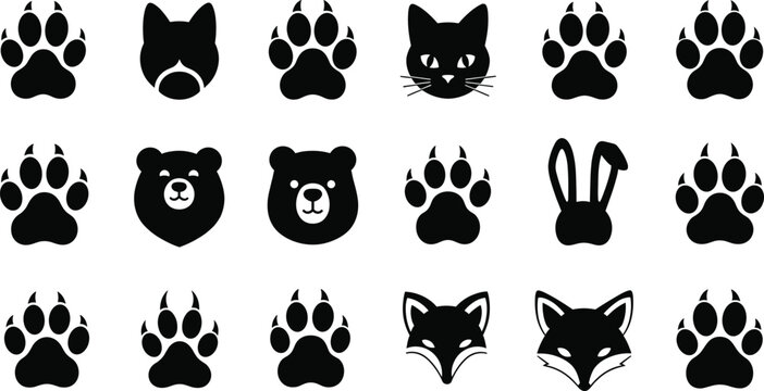 Set of animal paw prints with claws and wildlife faces including bear cat fox and rabbit silhouette icons for nature and hunter themes