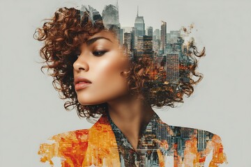 Double Exposure Portrait of Woman with Cityscape.