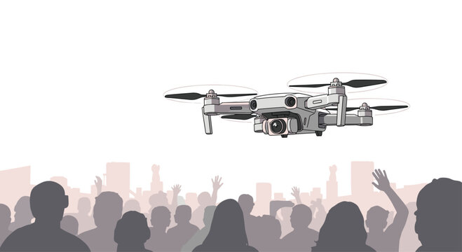High-tech aerial camera drone hovering above a silhouetted crowd of people, capturing footage at a public event or