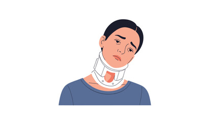 Fototapeta premium Young woman with a cervical collar experiencing discomfort, indicating neck injury or pain requiring medical support.
