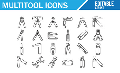Obraz premium Multitool icons. Line art set of folding pocket tools. Editable stroke vector collection. Camping and utility gear illustrations.