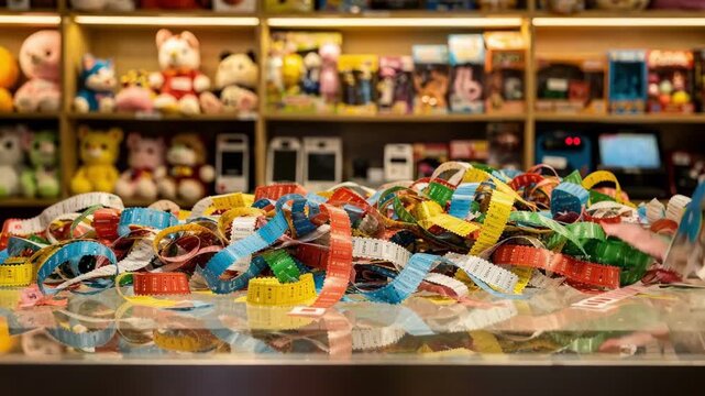 Medium shot of a ticket redemption counter with piles of colorful tickets in sharp focus and softfocus prize shelves behind.