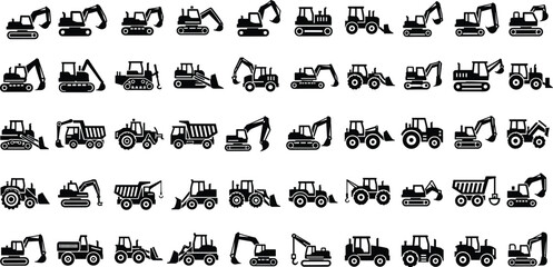 Heavy construction machinery and industrial equipment icons, featuring excavators, dump trucks, tractors, and earthmoving vehicles for building site vector design © Utpal
