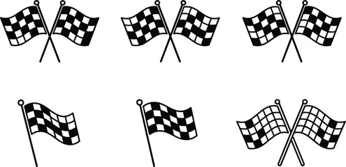 Checkered racing flag icon set with finish line motorsport symbols black vector collection for competition design