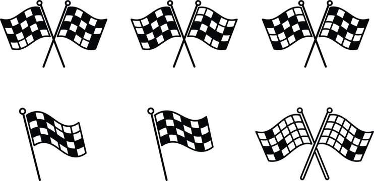 Checkered racing flag icon set with finish line motorsport symbols black vector collection for competition design