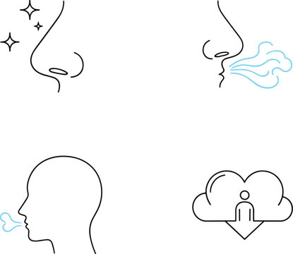 Breathing and airflow icon set with nose mouth exhale clean air symbols outline vector collection