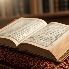 Fototapeta premium An open book with Arabic script on a decorative table in a library on transparent background