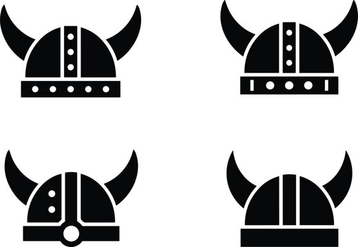 Detailed Viking helmet silhouette collection featuring various horned designs for historical and fantasy-themed graphic design projects.